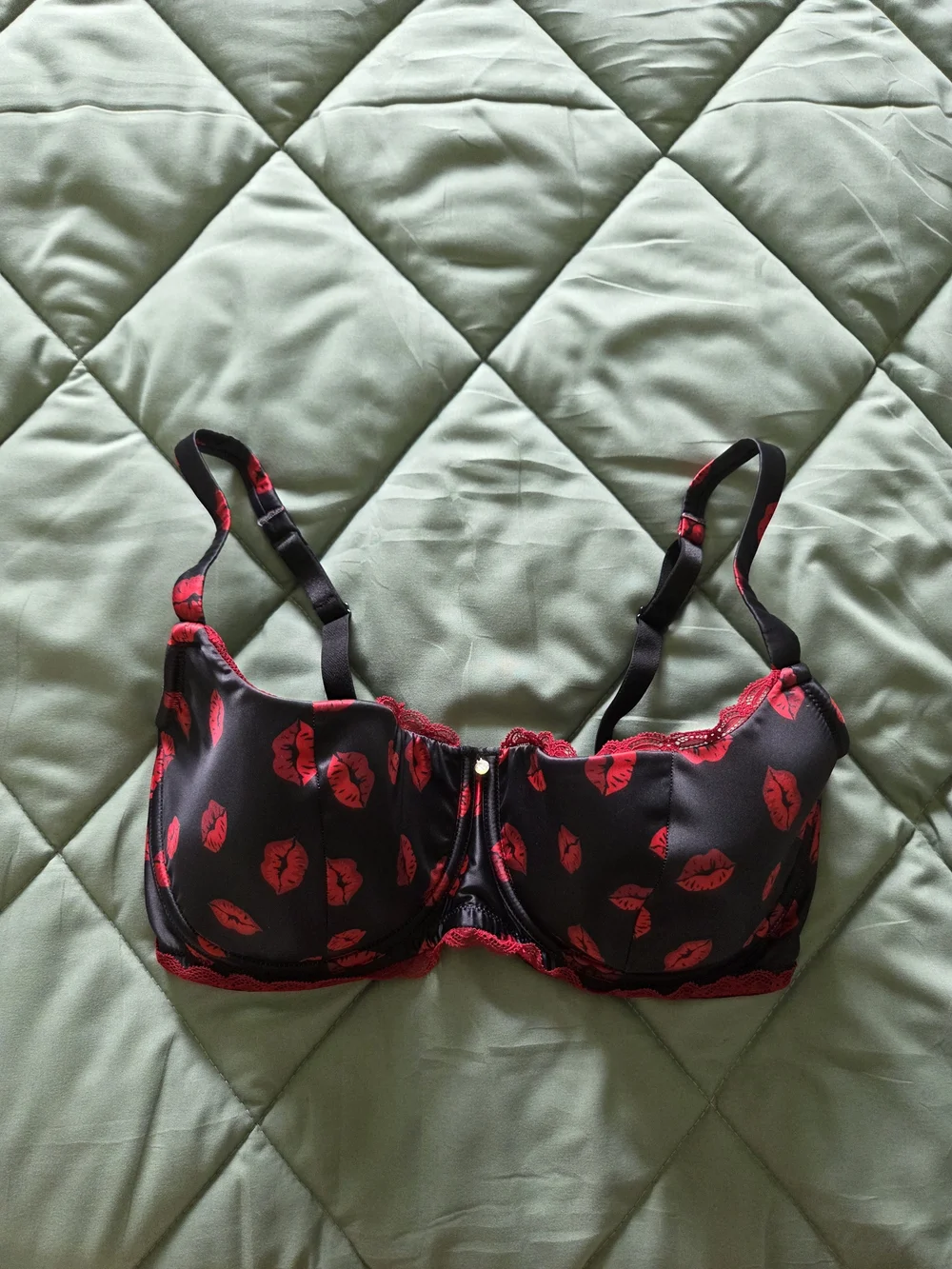 Adore Me Black Bra with Red Lip Print